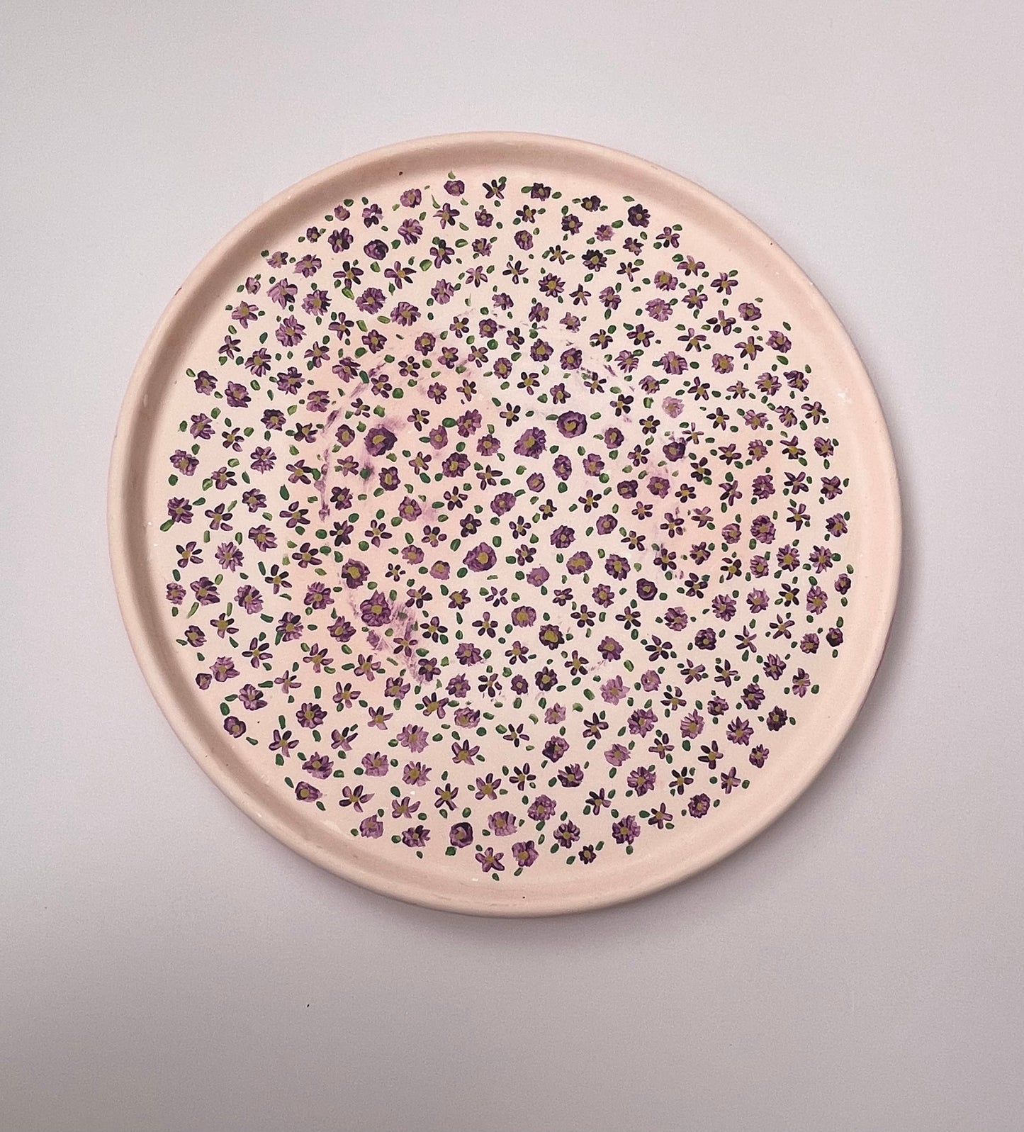 Pink Jesmonite Tray with Hand-Painted Purple & Yellow Flowers