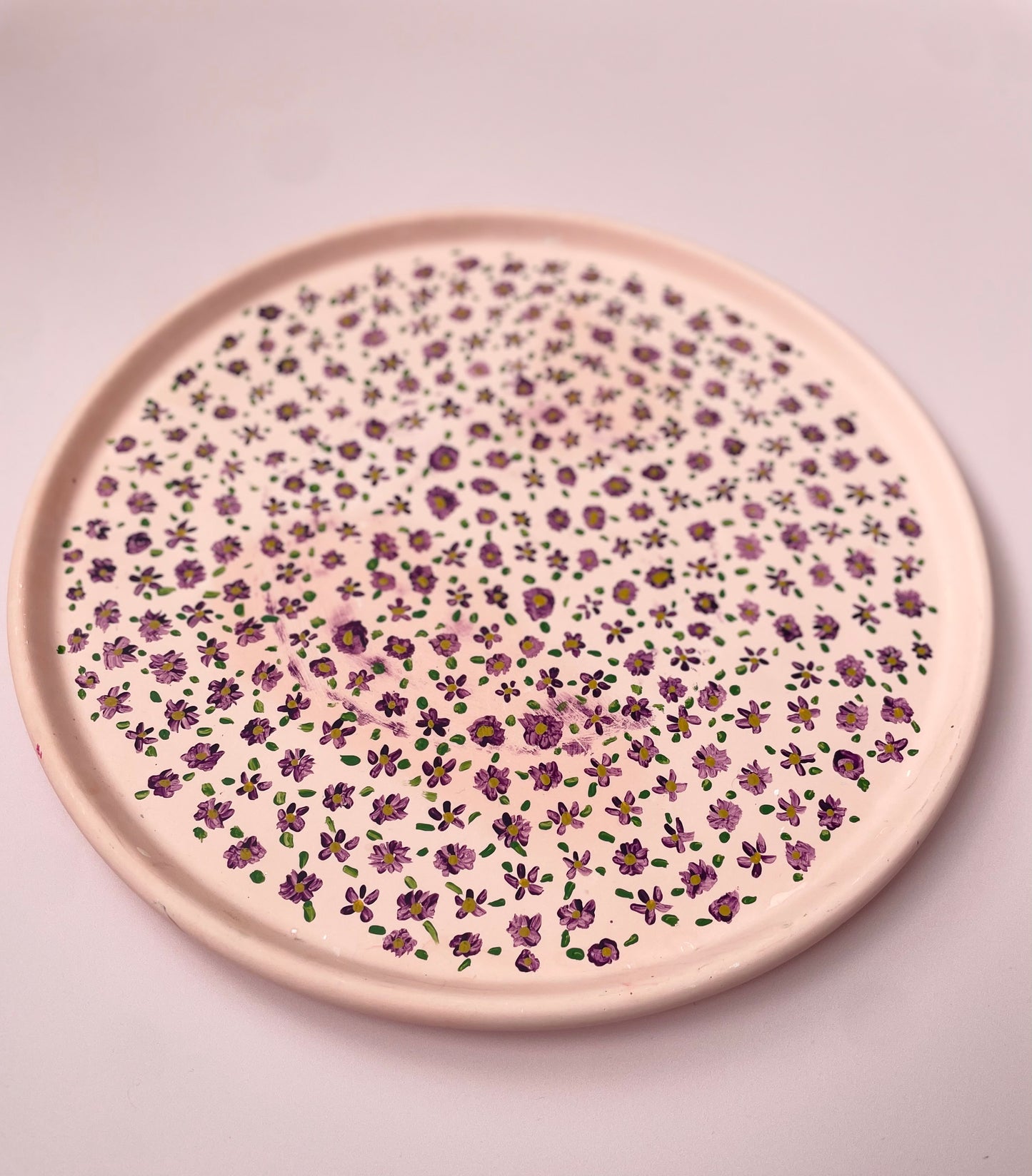Pink Jesmonite Tray with Hand-Painted Purple & Yellow Flowers