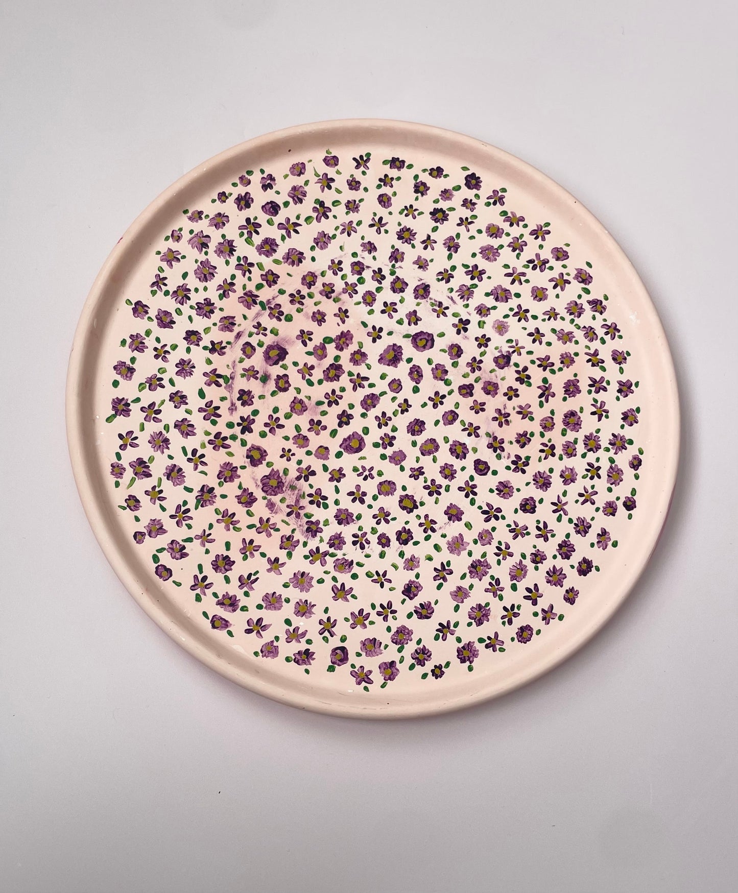 Pink Jesmonite Tray with Hand-Painted Purple & Yellow Flowers
