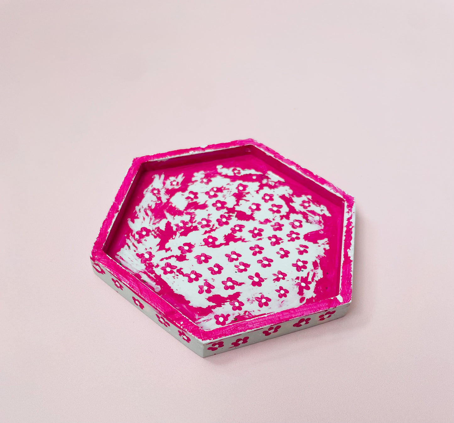 Mint Jesmonite Tray with Hand-Painted Pink & White Flowers