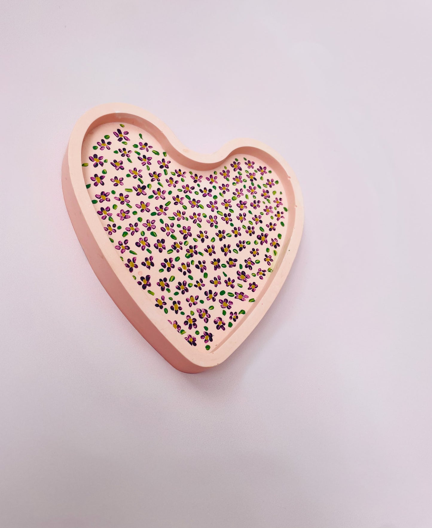 Pink Jesmonite Tray with Hand-Painted Purple & Yellow Flowers