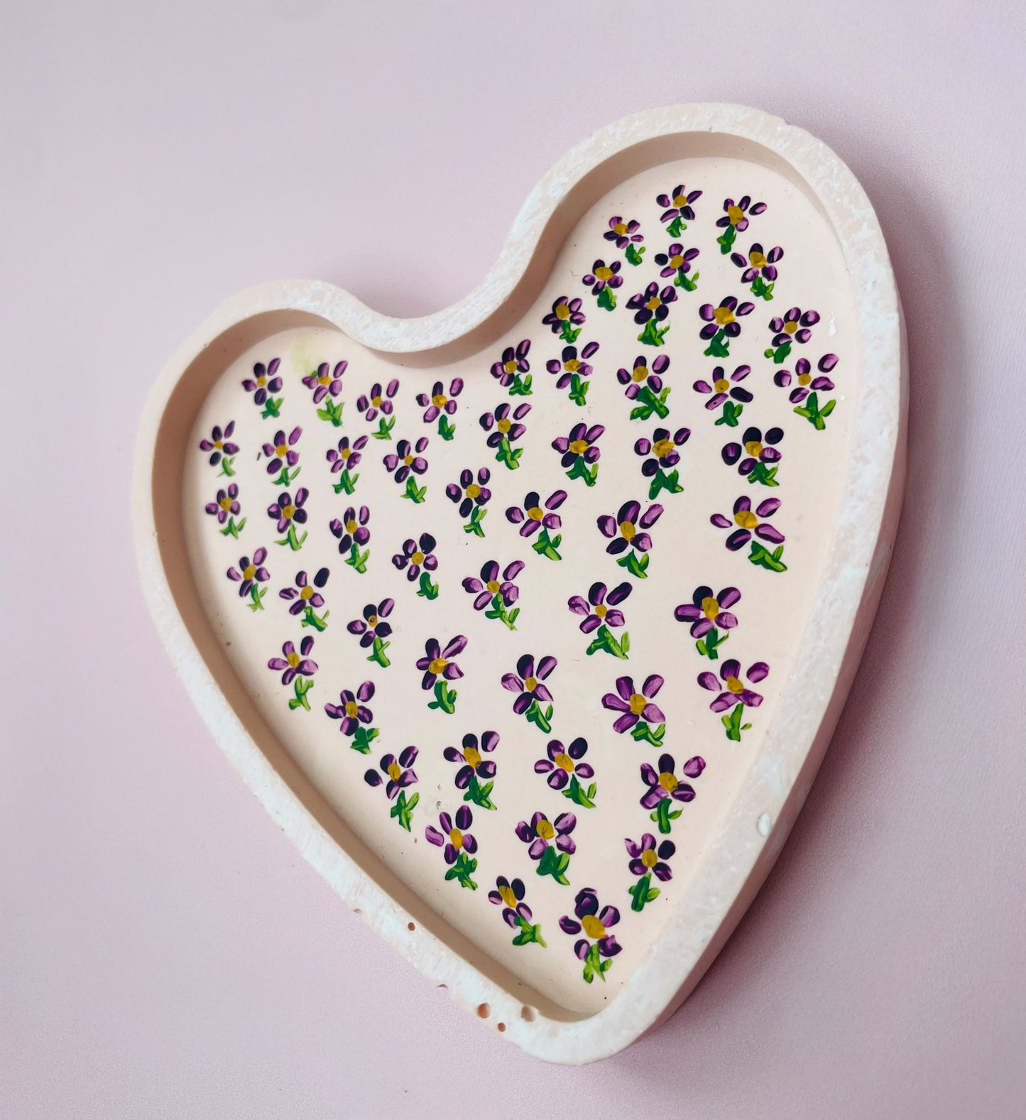 Light Pink Jesmonite Tray with Hand-Painted Purple, Green & Yellow Flowers