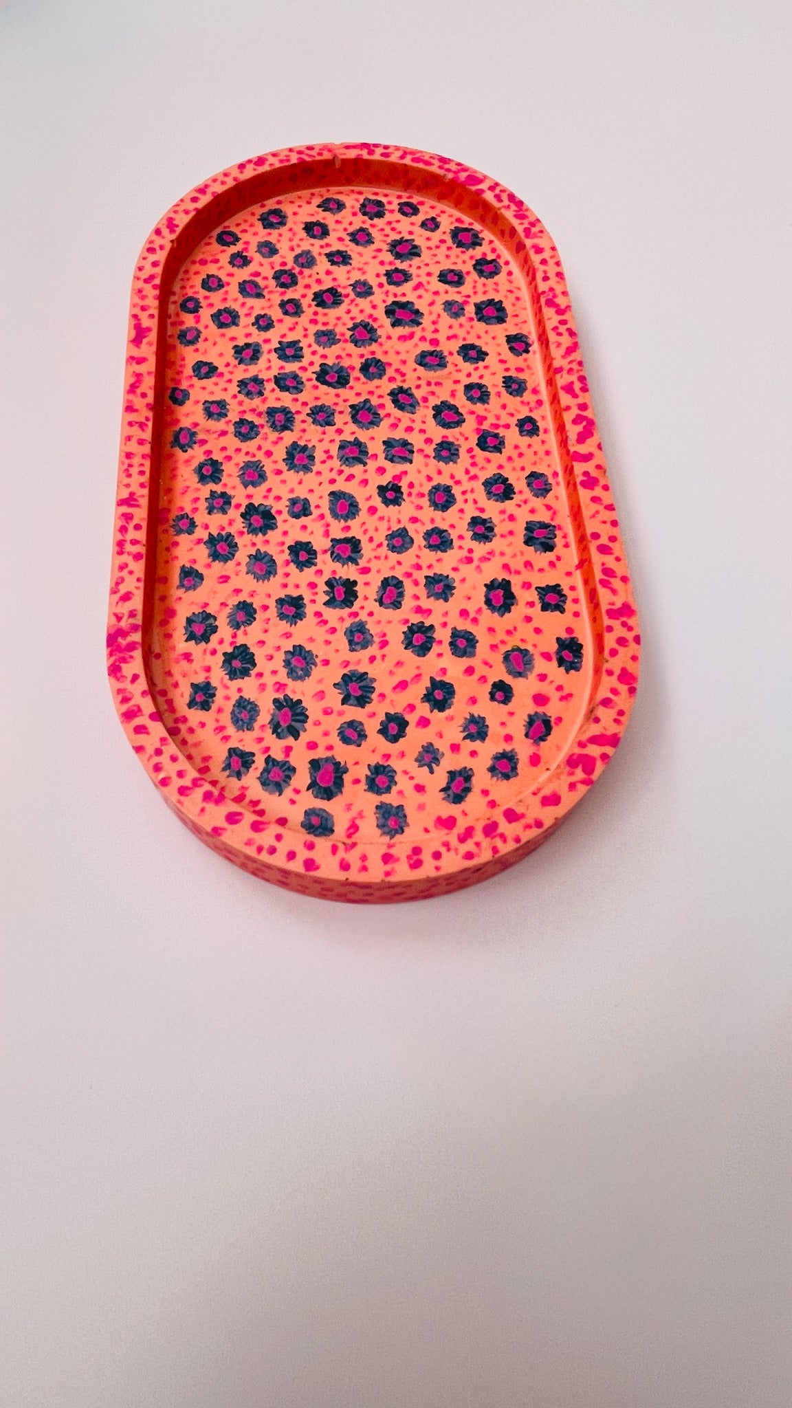 Coral Pink Jesmonite Tray with Hand-Painted Blue & Pink Flowers