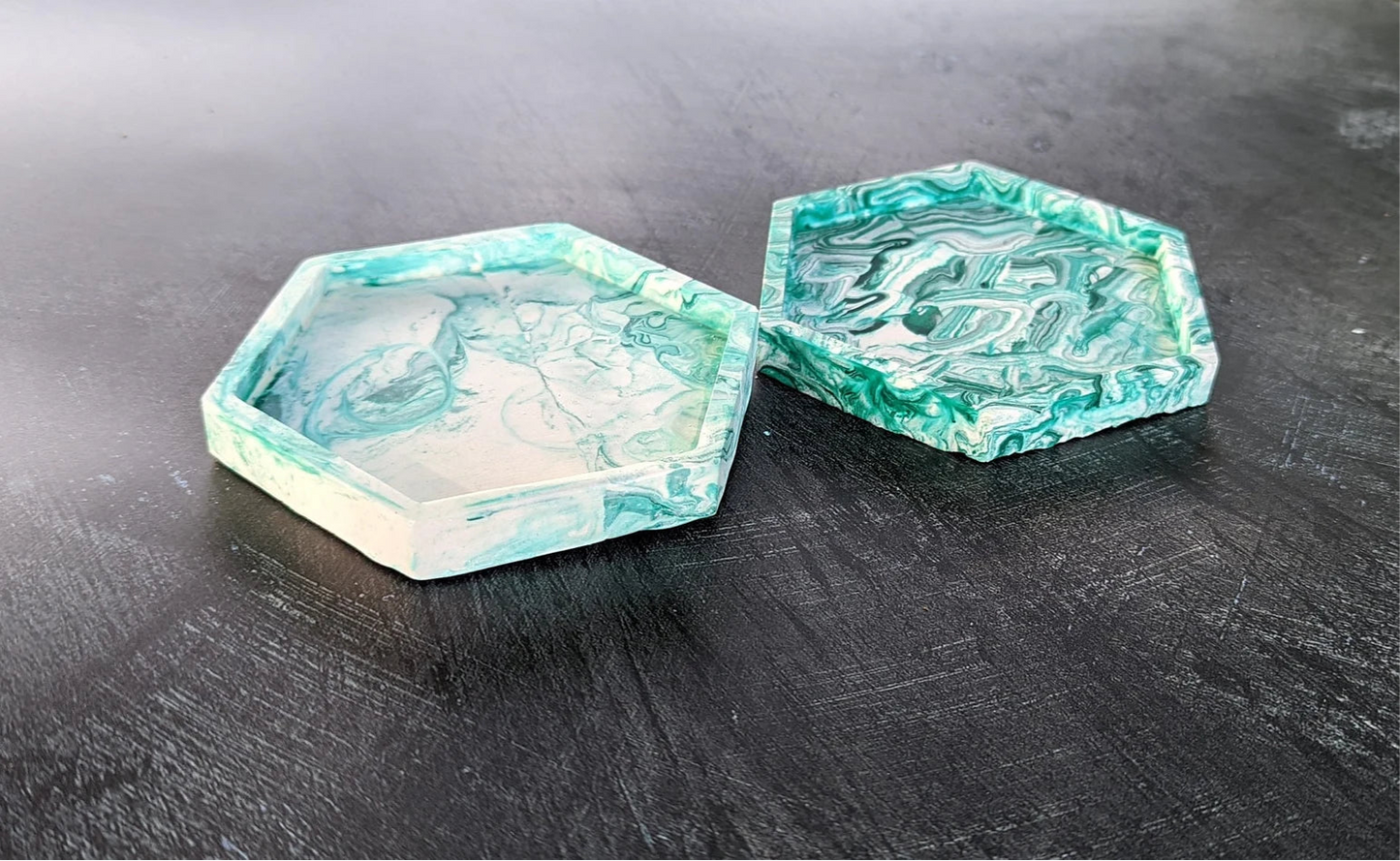 Handmade Jesmonite Hexagon Coasters - Green & White - Set Of 2