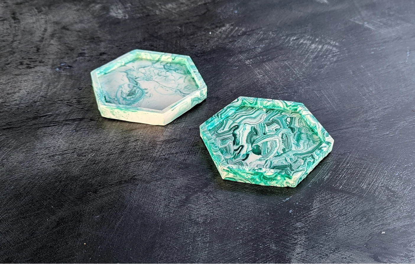 Handmade Jesmonite Hexagon Coasters - Green & White - Set Of 2