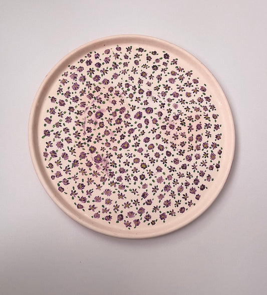 Pink Jesmonite Tray with Hand-Painted Purple & Yellow Flowers