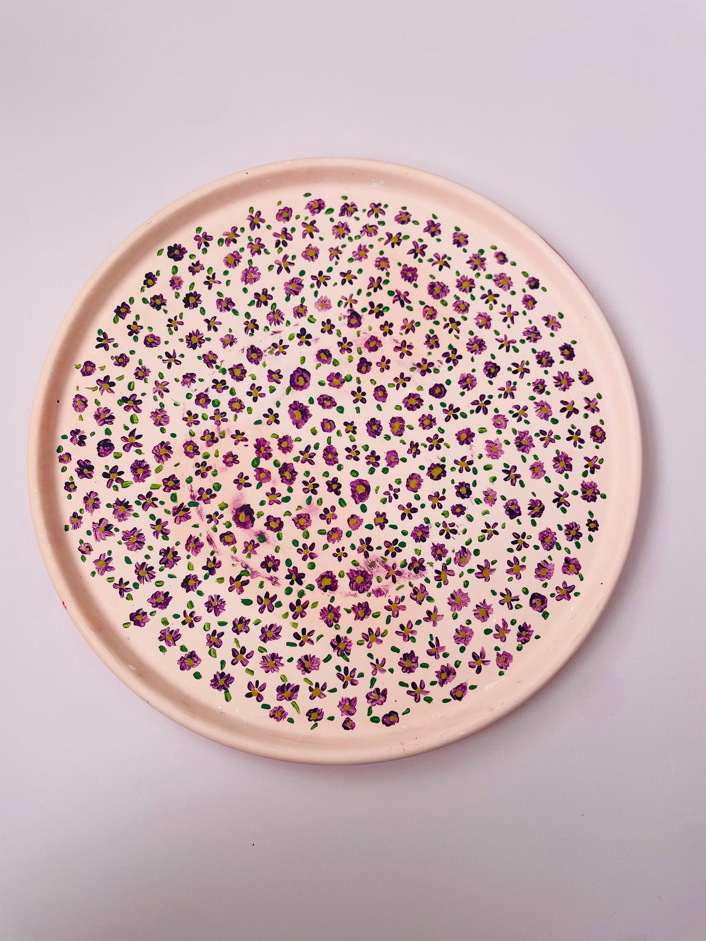 Pink Jesmonite Tray with Hand-Painted Purple & Yellow Flowers