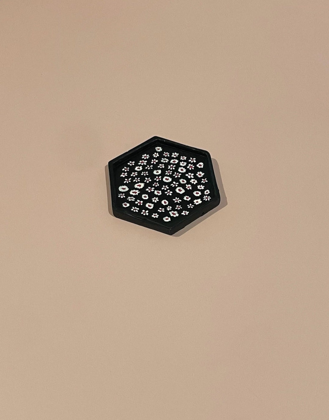 Dark Blue Jesmonite Tray with Hand-Painted White & Pink Flowers