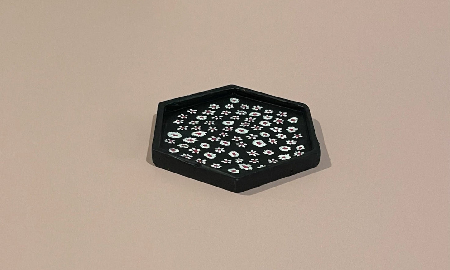 Dark Blue Jesmonite Tray with Hand-Painted White & Pink Flowers