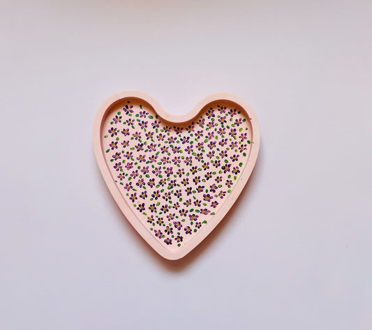 Pink Jesmonite Tray with Hand-Painted Purple & Yellow Flowers