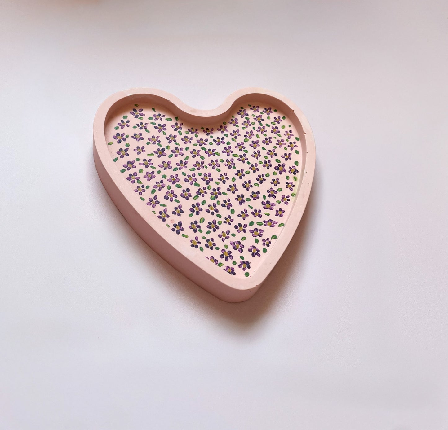 Pink Jesmonite Tray with Hand-Painted Purple & Yellow Flowers