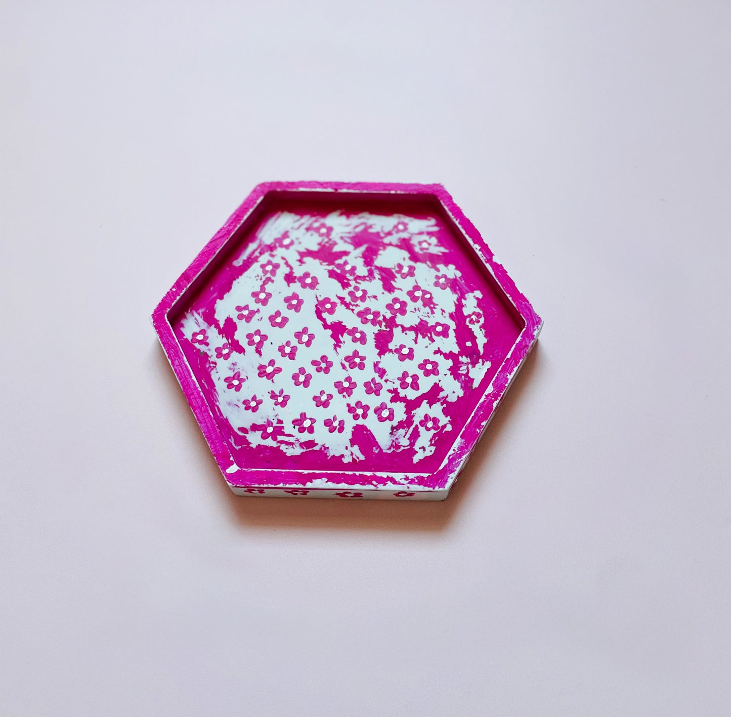 Mint Jesmonite Tray with Hand-Painted Pink & White Flowers