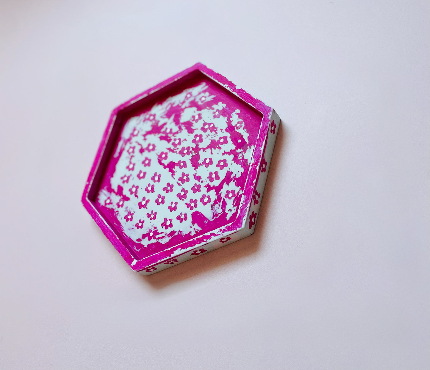 Mint Jesmonite Tray with Hand-Painted Pink & White Flowers