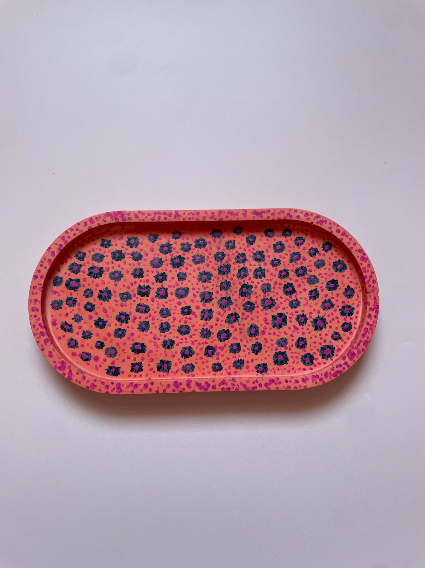 Coral Pink Jesmonite Tray with Hand-Painted Blue & Pink Flowers