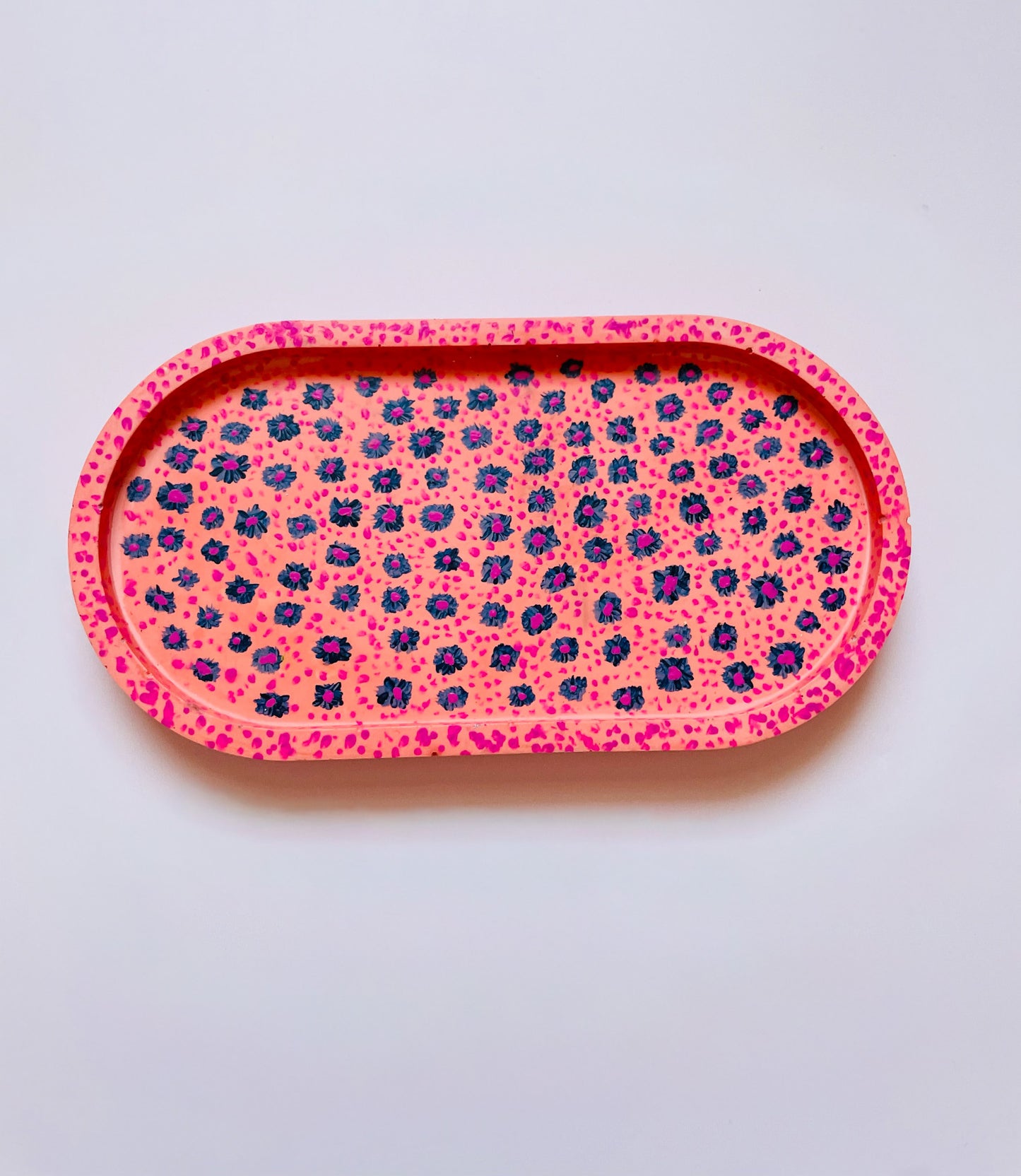 Coral Pink Jesmonite Tray with Hand-Painted Blue & Pink Flowers