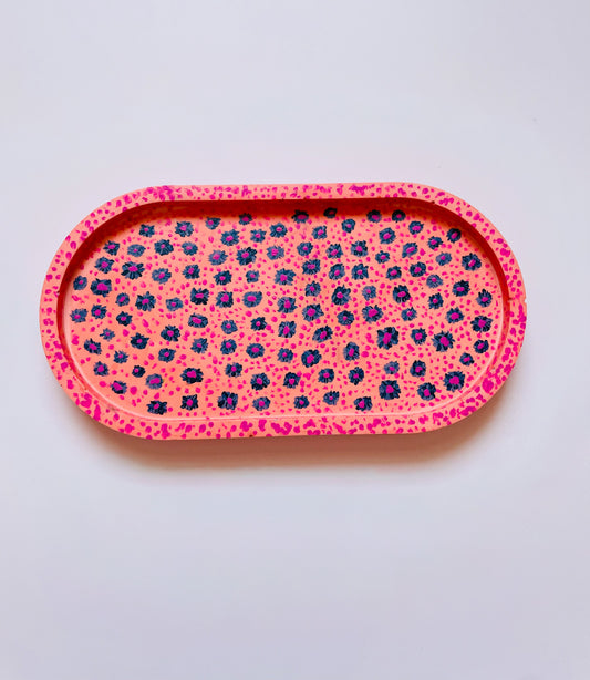 Coral Pink Jesmonite Tray with Hand-Painted Blue & Pink Flowers