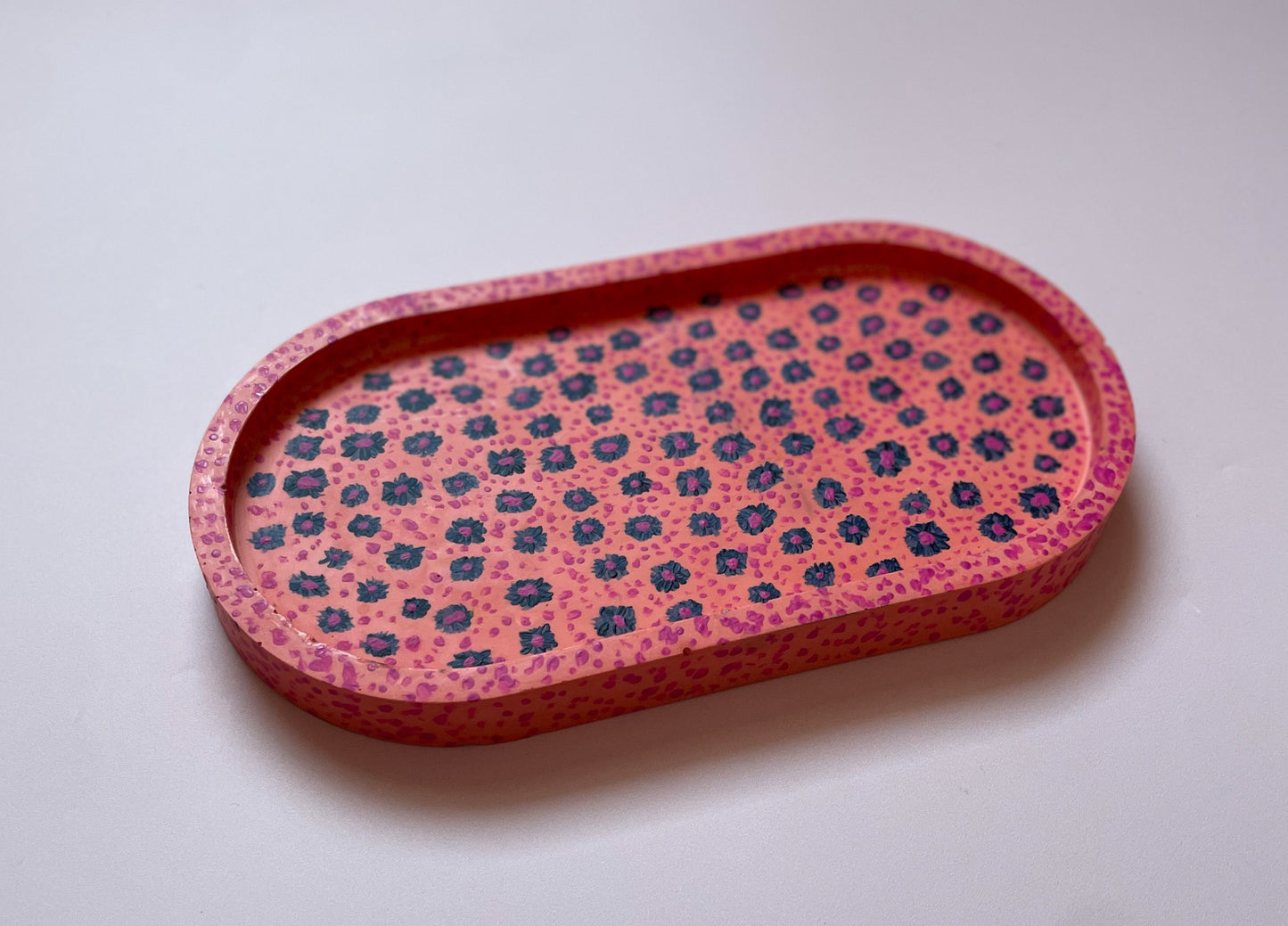 Coral Pink Jesmonite Tray with Hand-Painted Blue & Pink Flowers