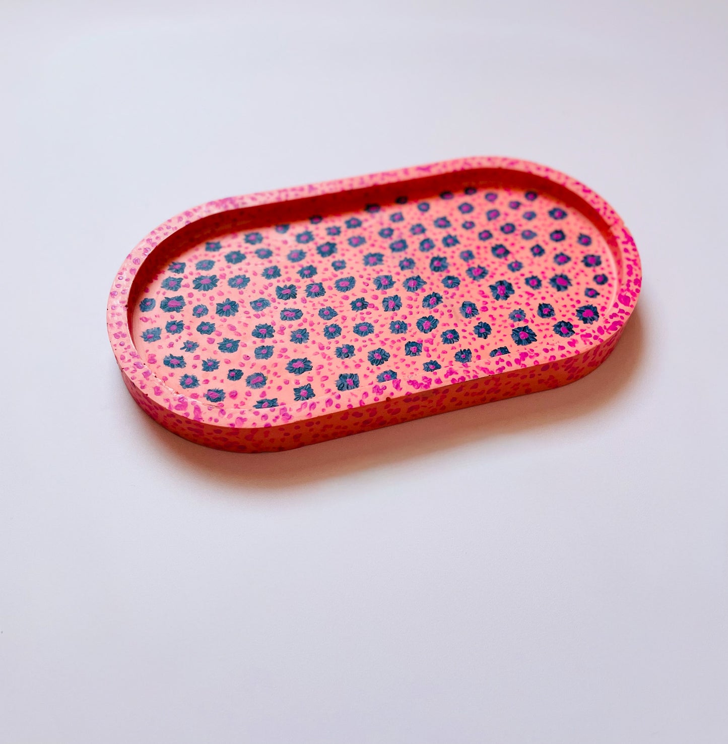 Coral Pink Jesmonite Tray with Hand-Painted Blue & Pink Flowers