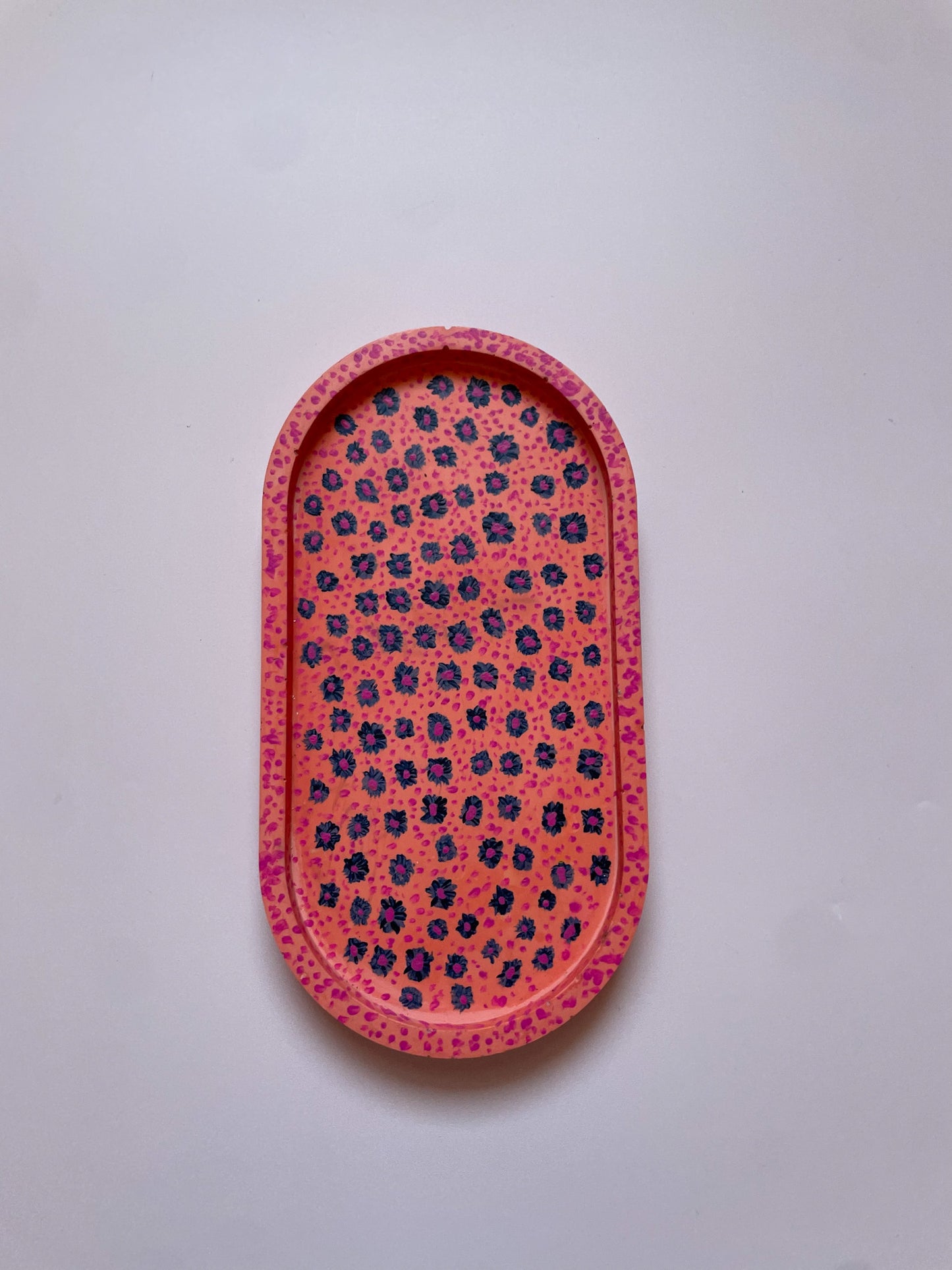 Coral Pink Jesmonite Tray with Hand-Painted Blue & Pink Flowers