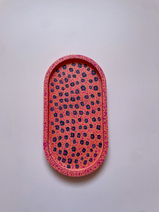Coral Pink Jesmonite Tray with Hand-Painted Blue & Pink Flowers