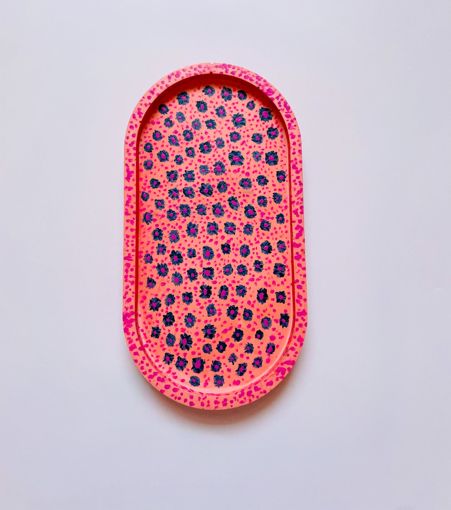 Coral Pink Jesmonite Tray with Hand-Painted Blue & Pink Flowers