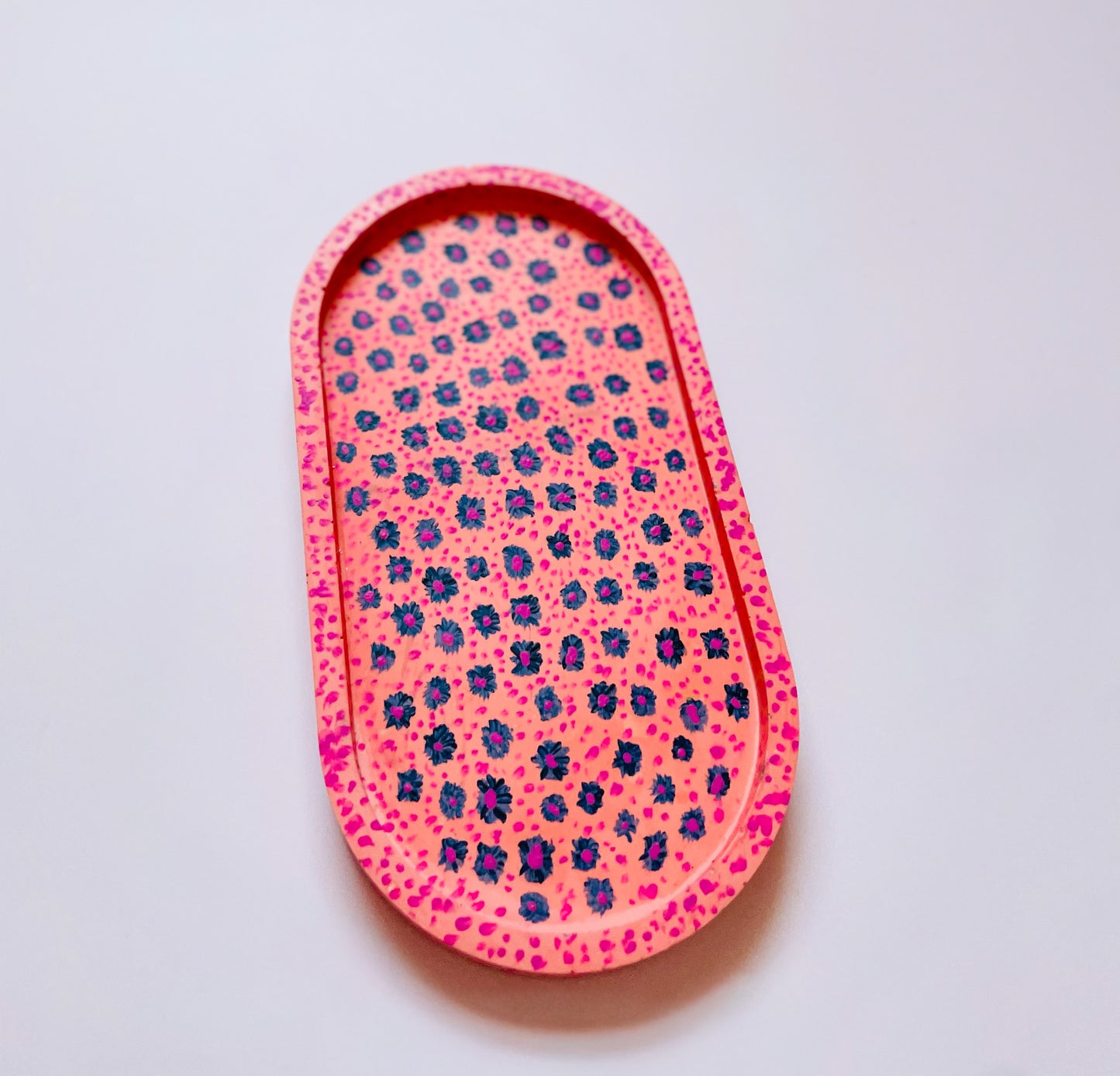 Coral Pink Jesmonite Tray with Hand-Painted Blue & Pink Flowers