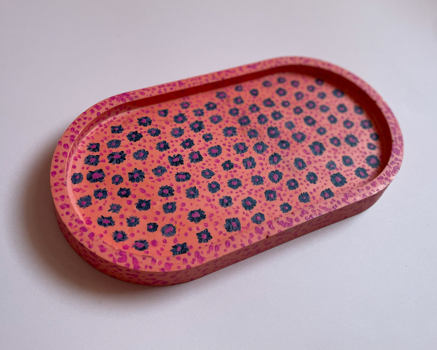 Coral Pink Jesmonite Tray with Hand-Painted Blue & Pink Flowers