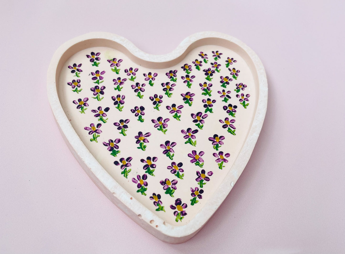 Light Pink Jesmonite Tray with Hand-Painted Purple, Green & Yellow Flowers