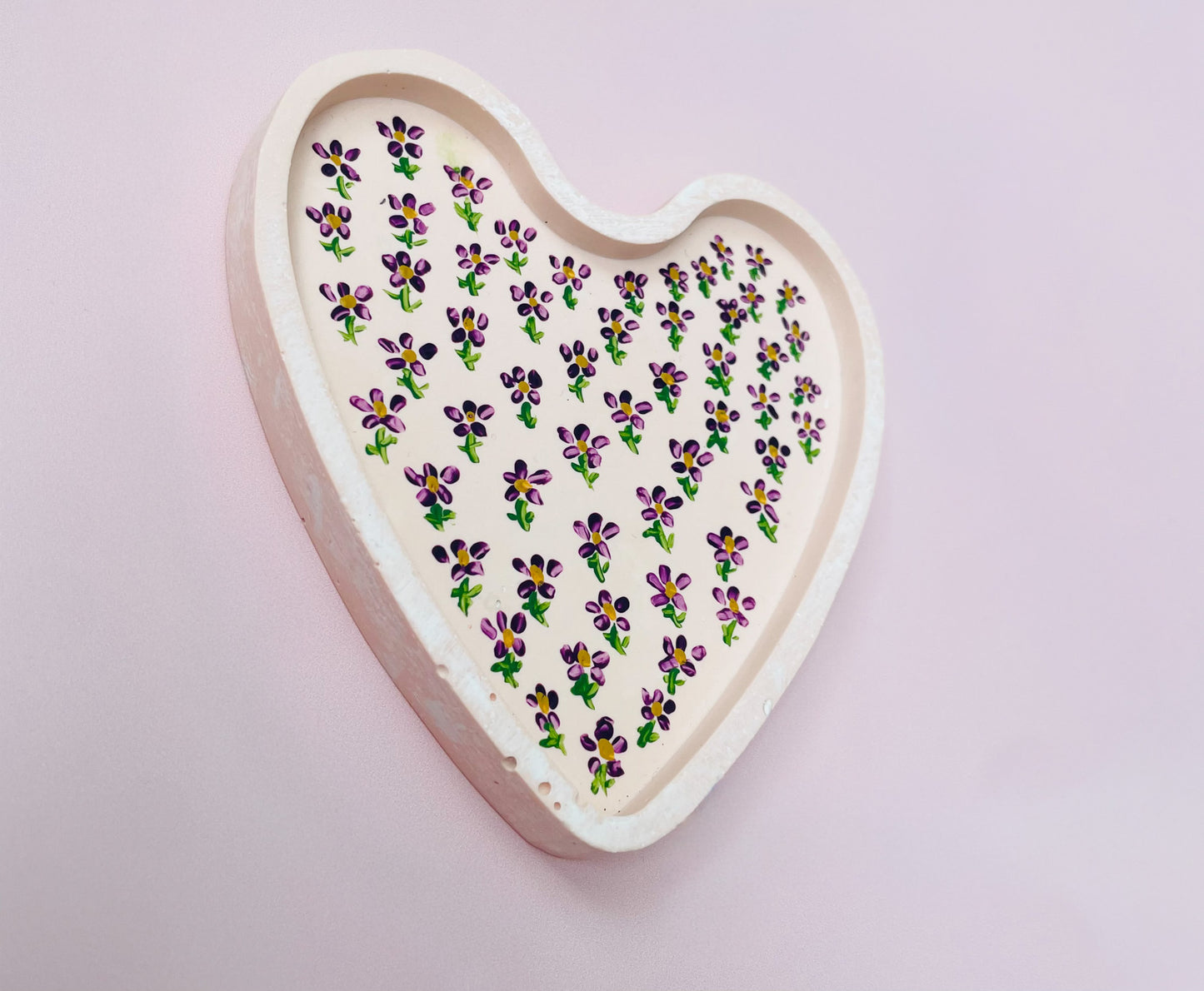 Light Pink Jesmonite Tray with Hand-Painted Purple, Green & Yellow Flowers