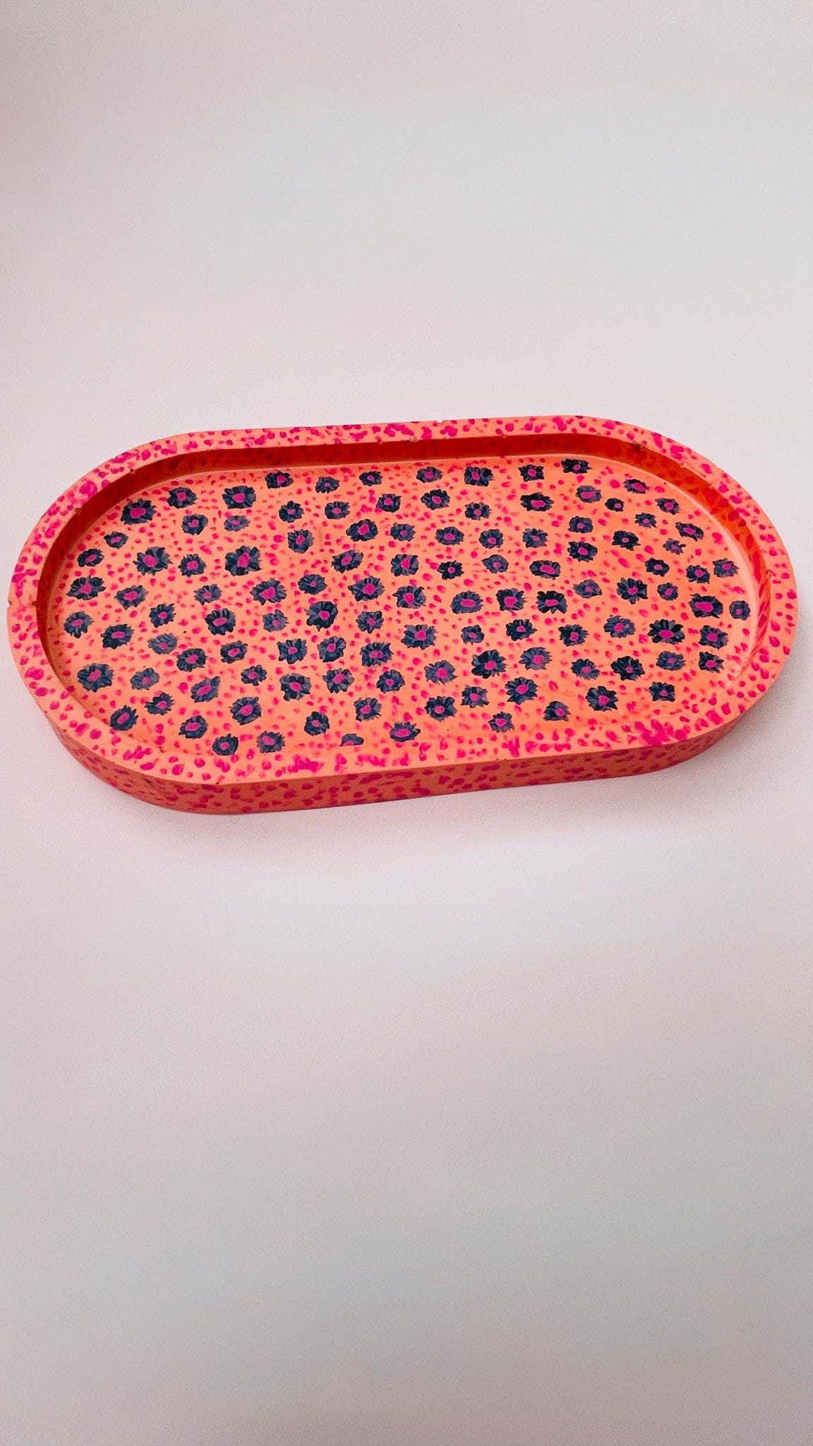 Coral Pink Jesmonite Tray with Hand-Painted Blue & Pink Flowers