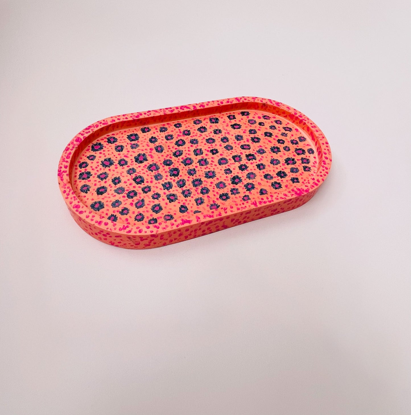 Coral Pink Jesmonite Tray with Hand-Painted Blue & Pink Flowers