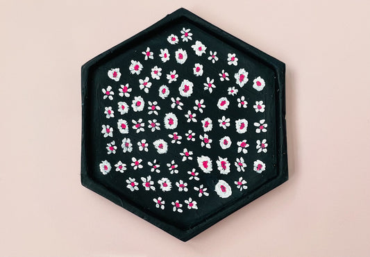Dark Blue Jesmonite Tray with Hand-Painted White & Pink Flowers