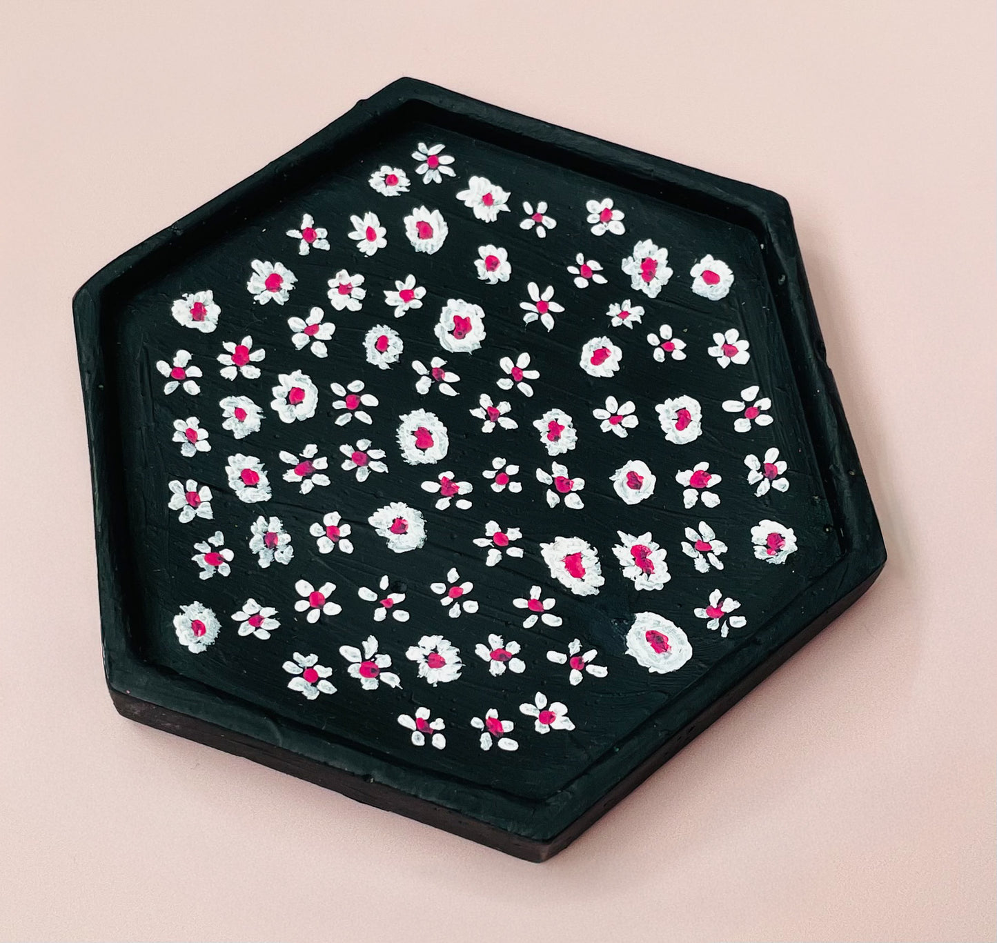 Dark Blue Jesmonite Tray with Hand-Painted White & Pink Flowers