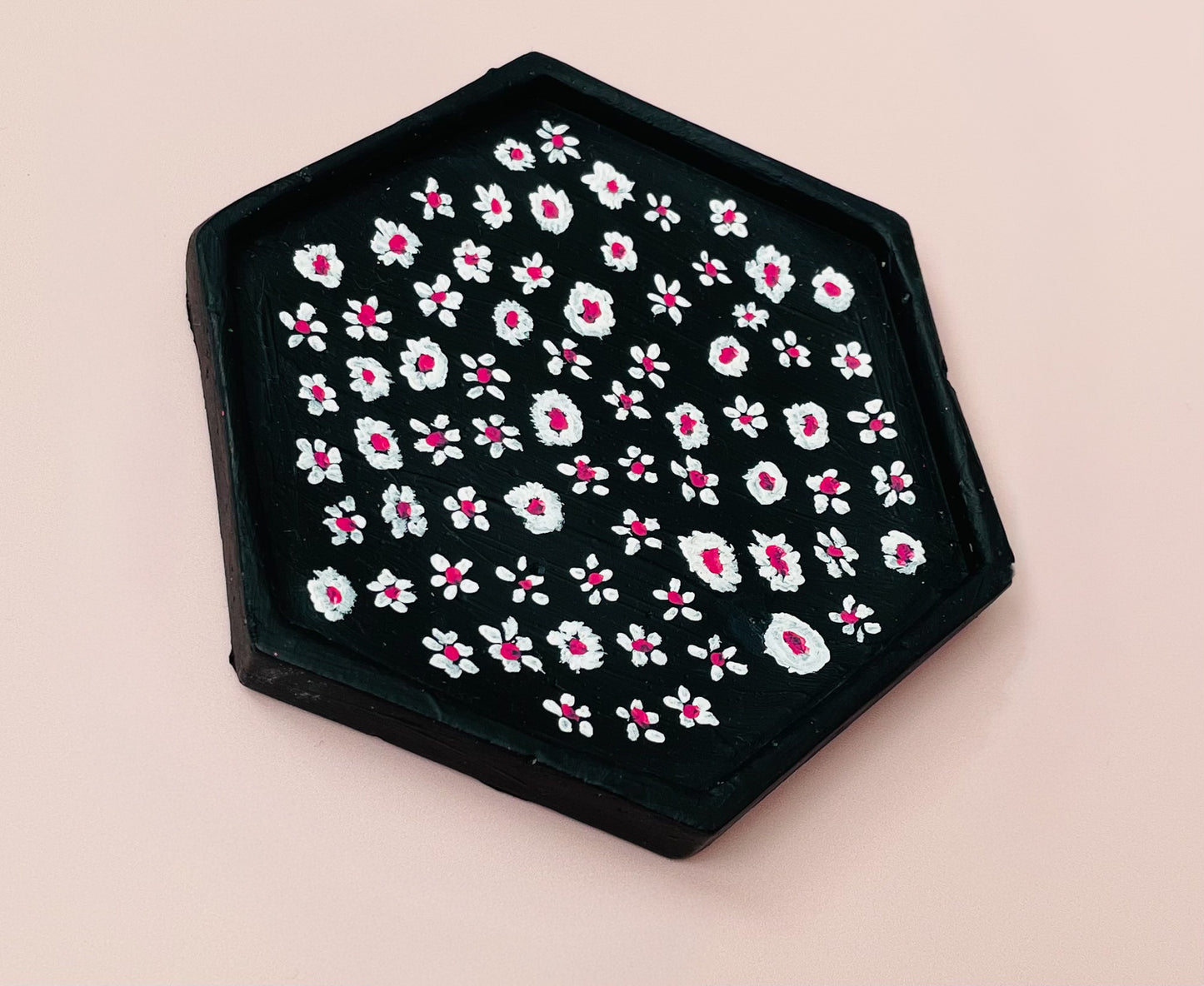 Dark Blue Jesmonite Tray with Hand-Painted White & Pink Flowers