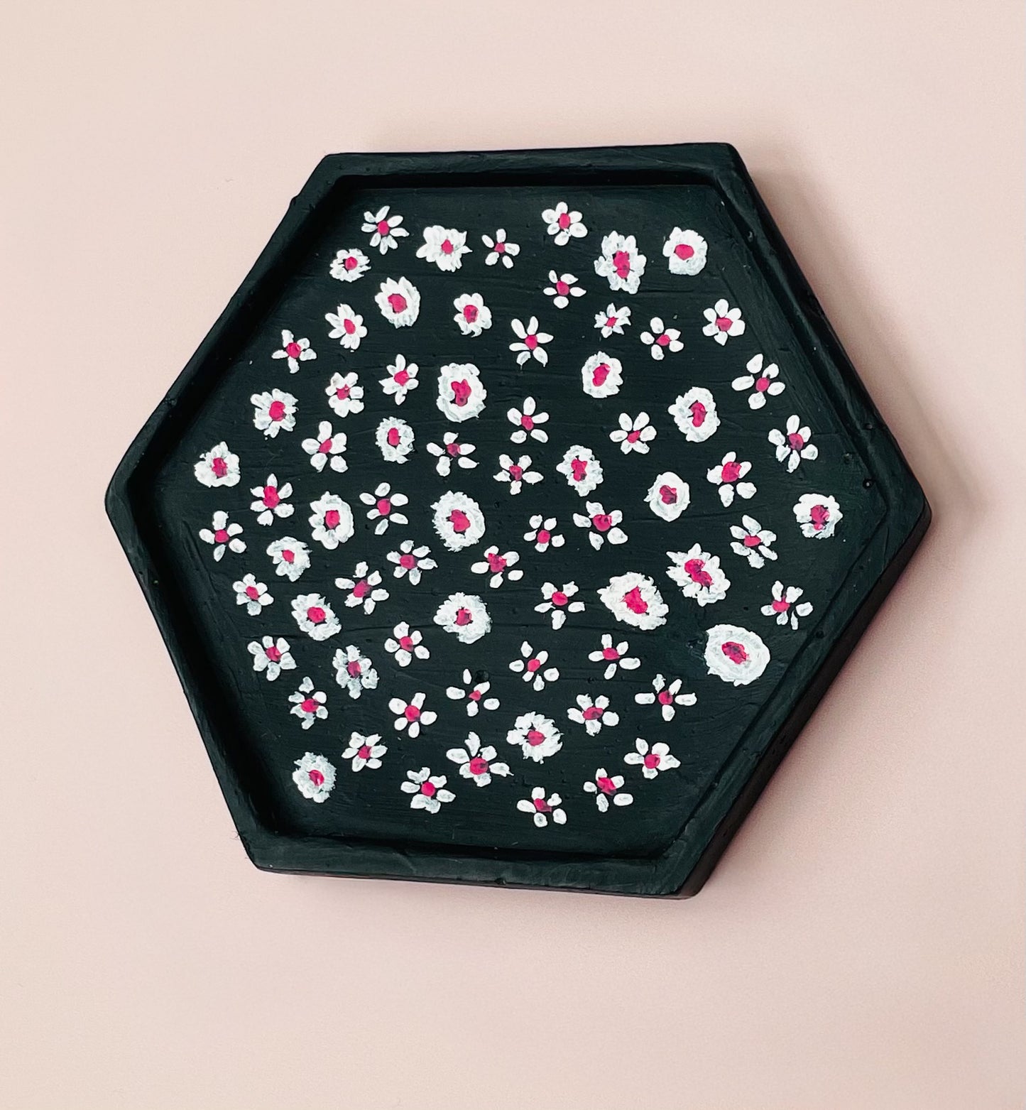 Dark Blue Jesmonite Tray with Hand-Painted White & Pink Flowers