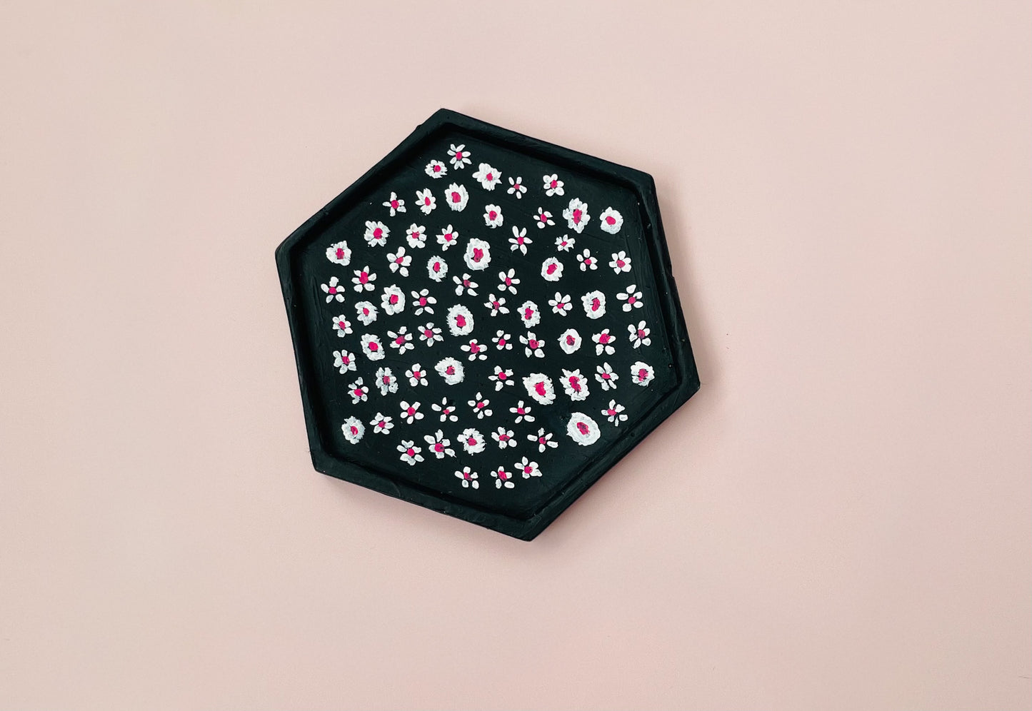 Dark Blue Jesmonite Tray with Hand-Painted White & Pink Flowers