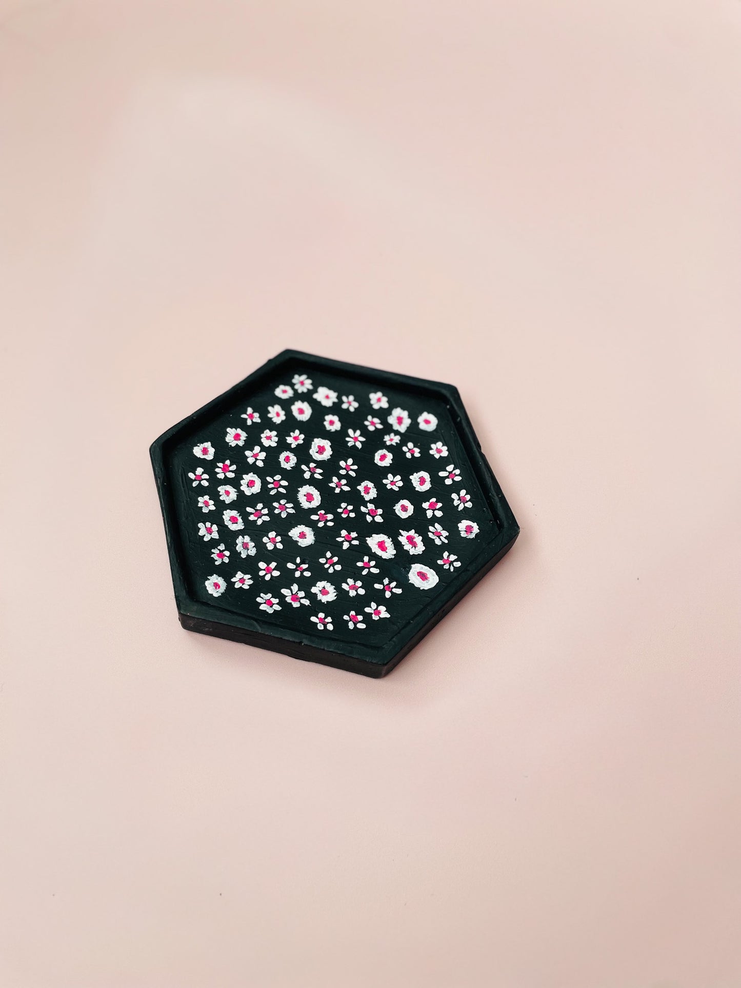 Dark Blue Jesmonite Tray with Hand-Painted White & Pink Flowers