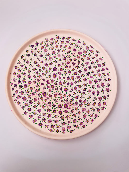 Pink Jesmonite Tray with Hand-Painted Purple & Yellow Flowers