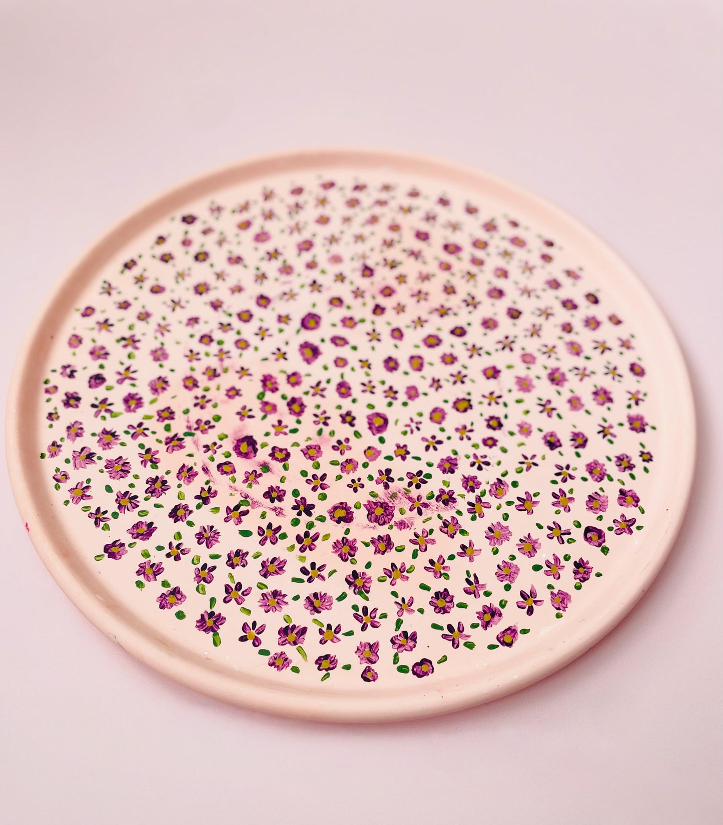 Pink Jesmonite Tray with Hand-Painted Purple & Yellow Flowers