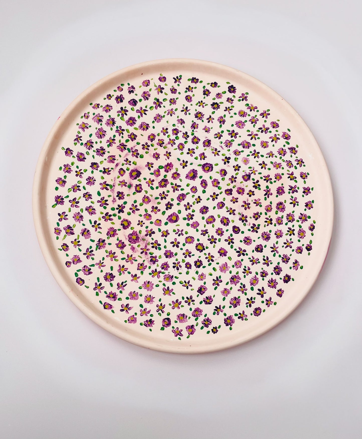 Pink Jesmonite Tray with Hand-Painted Purple & Yellow Flowers