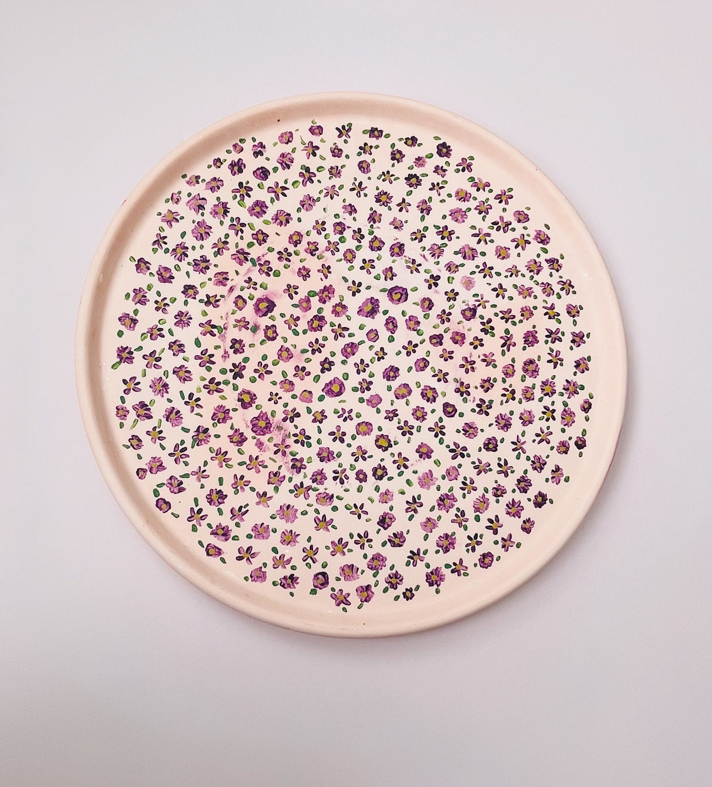 Pink Jesmonite Tray with Hand-Painted Purple & Yellow Flowers