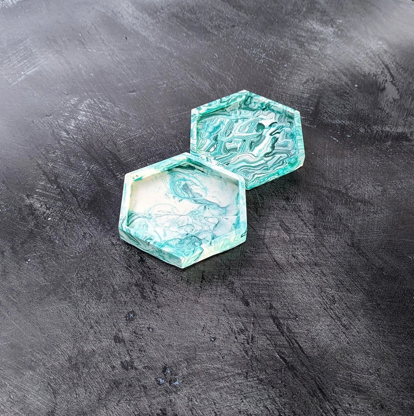 Handmade Jesmonite Hexagon Coasters - Green & White - Set Of 2