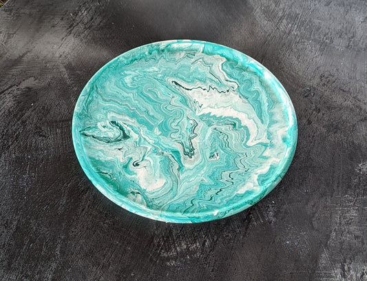 Handmade Round Jesmonite Tray - Green & White