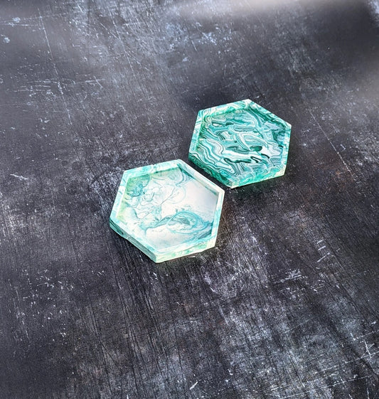Handmade Jesmonite Hexagon Coasters - Green & White - Set Of 2